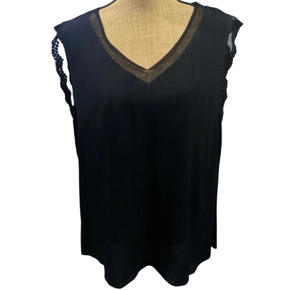 Daniel Rainn Black Lace Trim Sleeveless Blouse XL V Neck Career Office Top - Picture 4 of 13